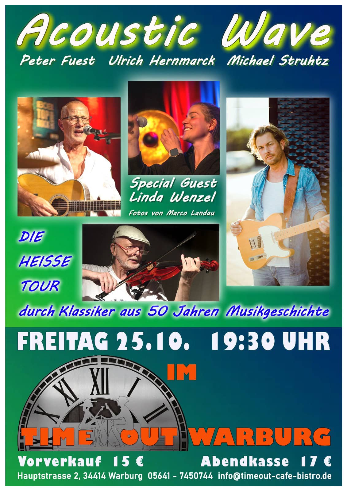 Poster für "Acoustic Wave" Konzert mit Gitarristen, Sänger, und aufgedrucktem Gitarrenbild.